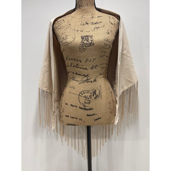 Cejon Accessories Inc. Accessories - Vintage Beige Silky Feel Shawl With Floral Beaded Embroidery & Fringe Detailing